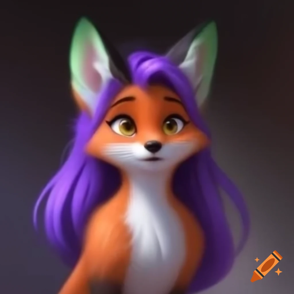 Anthropomorphic female fox with purple and green hair and green tipped ears