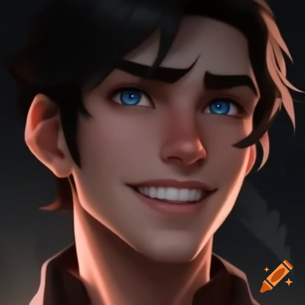 Handsome young man with noble attire, dark hair, beard, and blue eyes