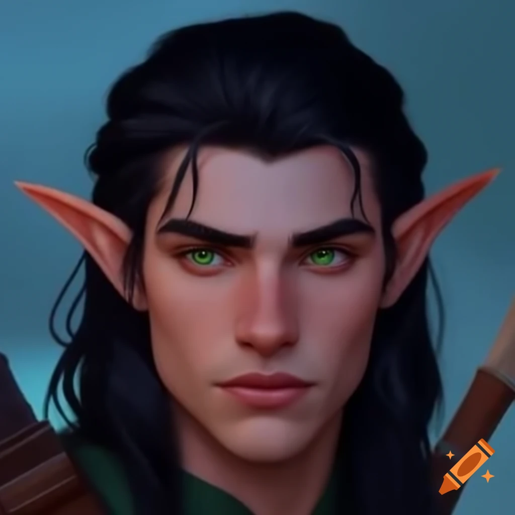 Handsome male elf archer with shoulder length black hair