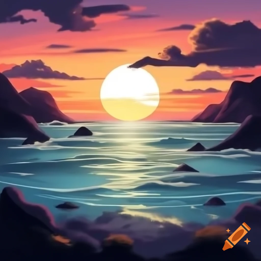 Pencil drawing of a sunset over the sea with palm trees on a sandy coast