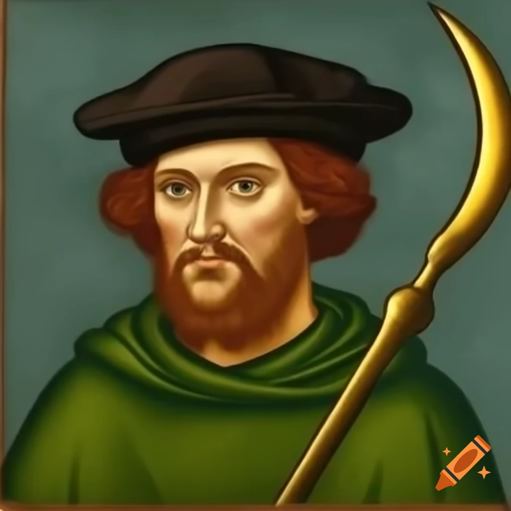 Medieval manuscript portrait of an alchemist cultist in green attire wielding a brass sickle