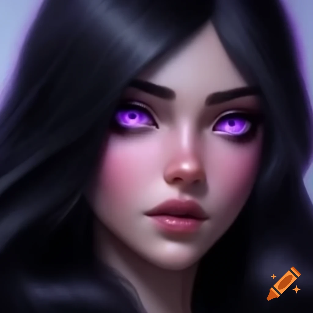 Long wavy black hair with purple eyes
