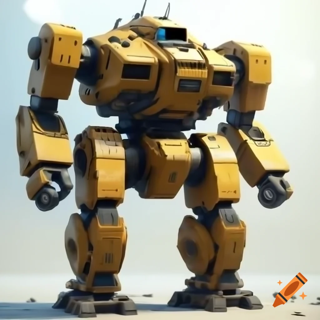 Yellow combat mech with battle damage on white background