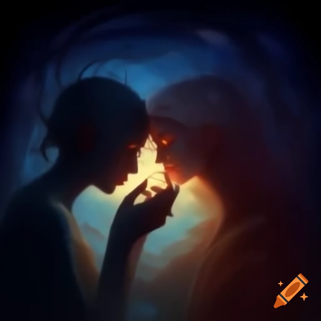 Silhouettes of two figures against a celestial backdrop, drawn in soft pencils