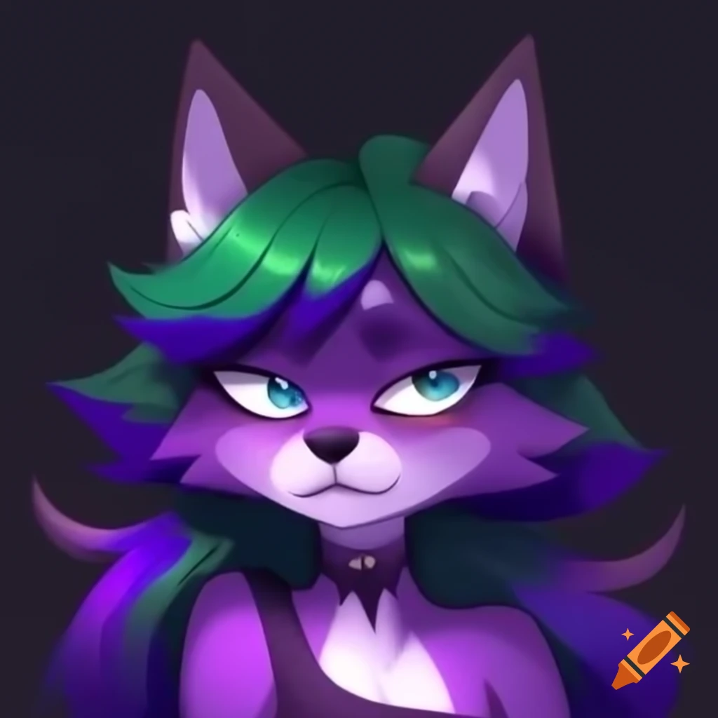Anthropomorphic female wolf with purple and green hair looking tired
