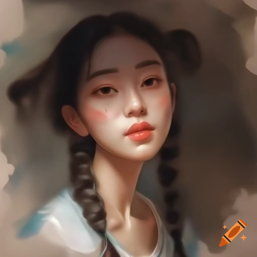 Digital watercolor portrait of charming Korean woman in Rembrandt style