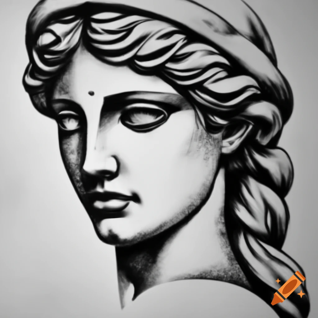 Greek goddess portrait stipple drawing with black ink texture