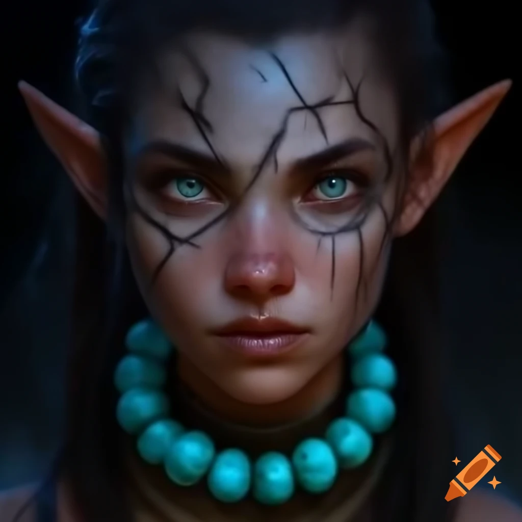 Female water genasi druid with black eyes and cracked turquoise necklace