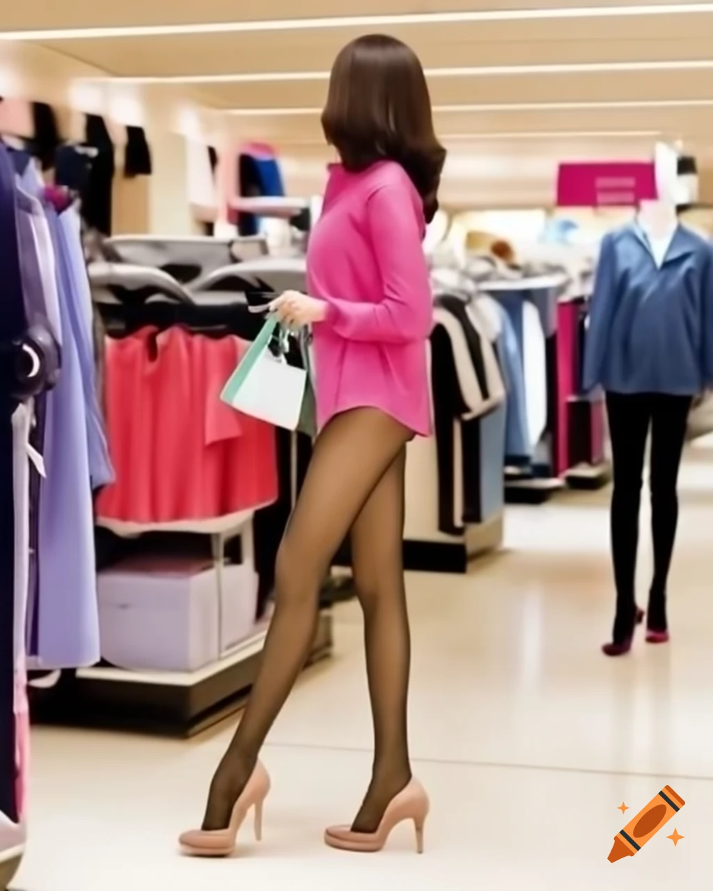 Women shopping for clothes in mall, discussing fashion and styles