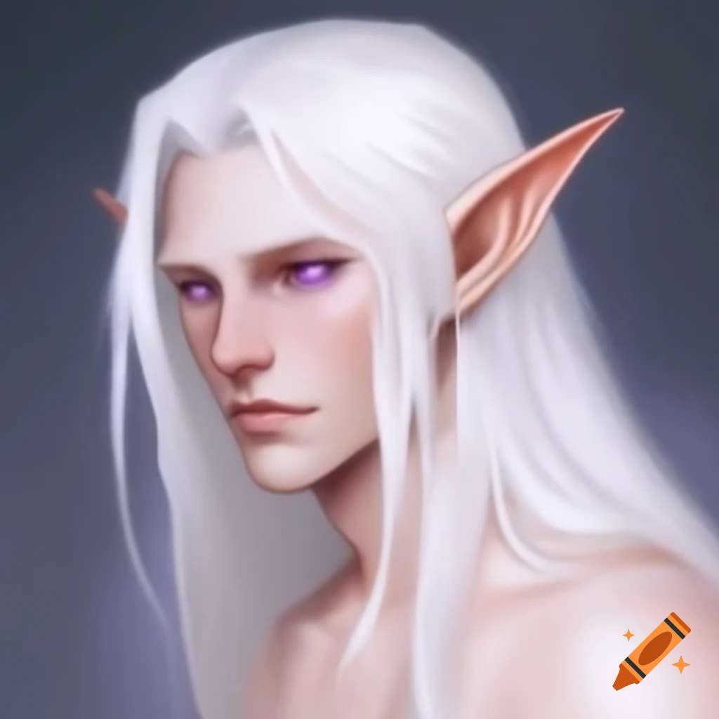 Portrait of young albino elf man with white hair and violet eyes