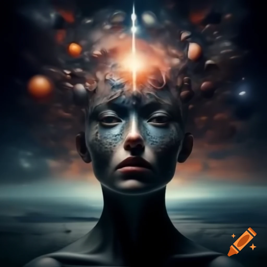 Conceptual representation of universe as head with AI and intelligence ideas