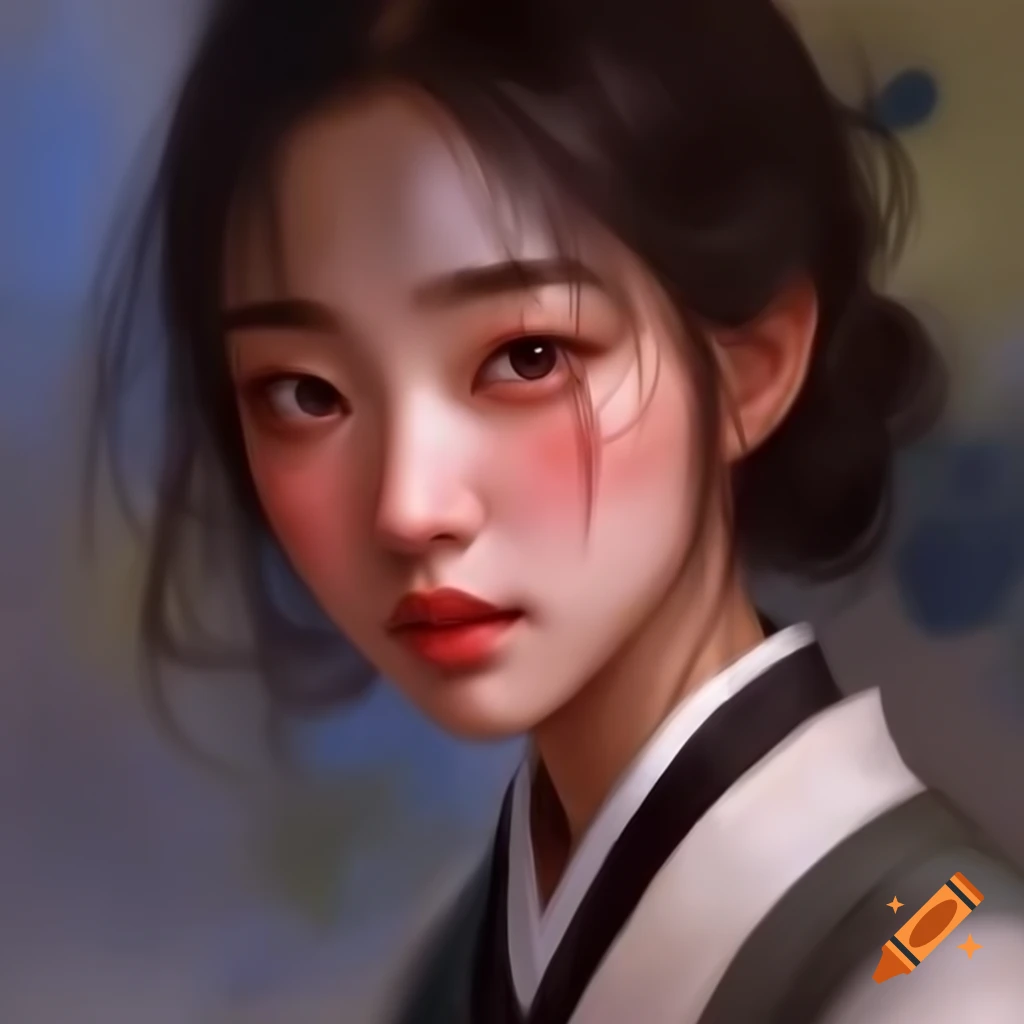 Detailed digital watercolor portrait of a charming Korean woman