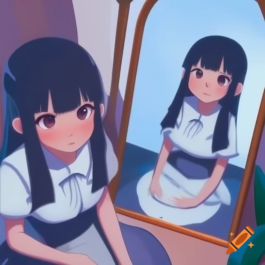 Anime girl with dual reflections in mirror