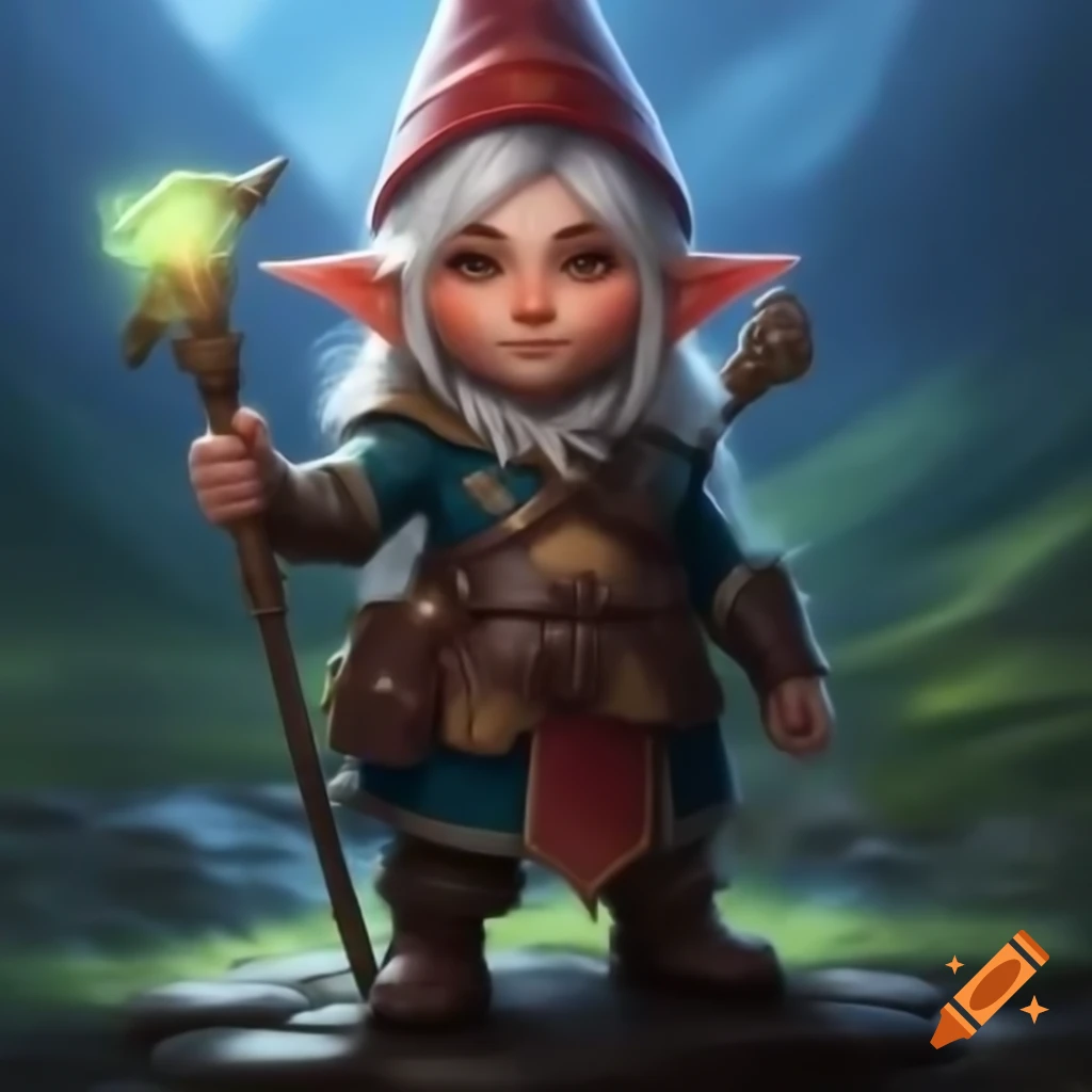 D&D rock gnome cleric with staff in mountains, short white hair and pointy ears