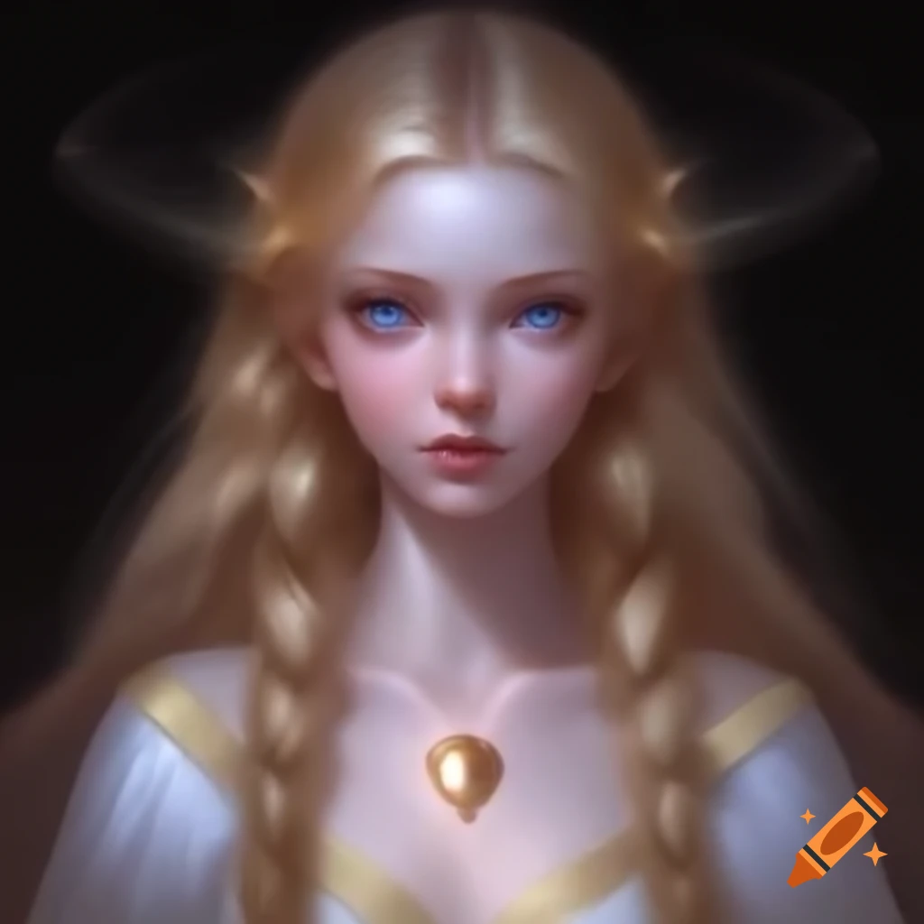 Young woman with angelic features in white and gold gown