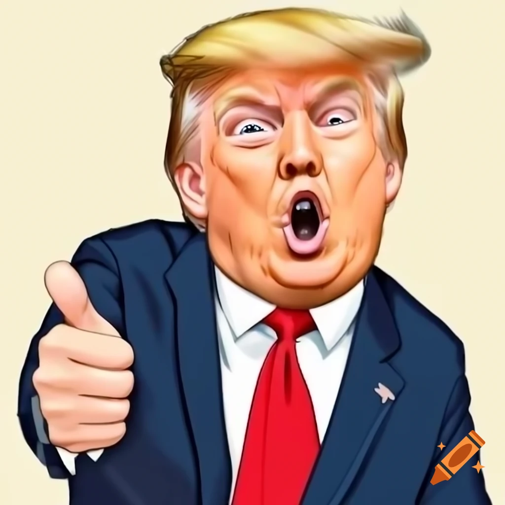 Comic-style illustration of Donald Trump with dog tail in mouth and surprised expression giving thumbs up