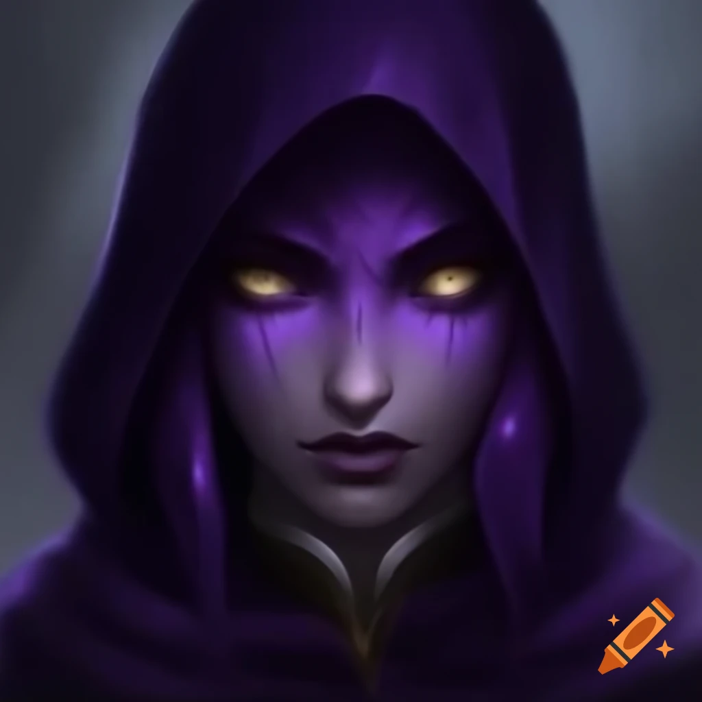 Portrait of solemn young aasimar with dark plum hair and gold eyes in guardian style