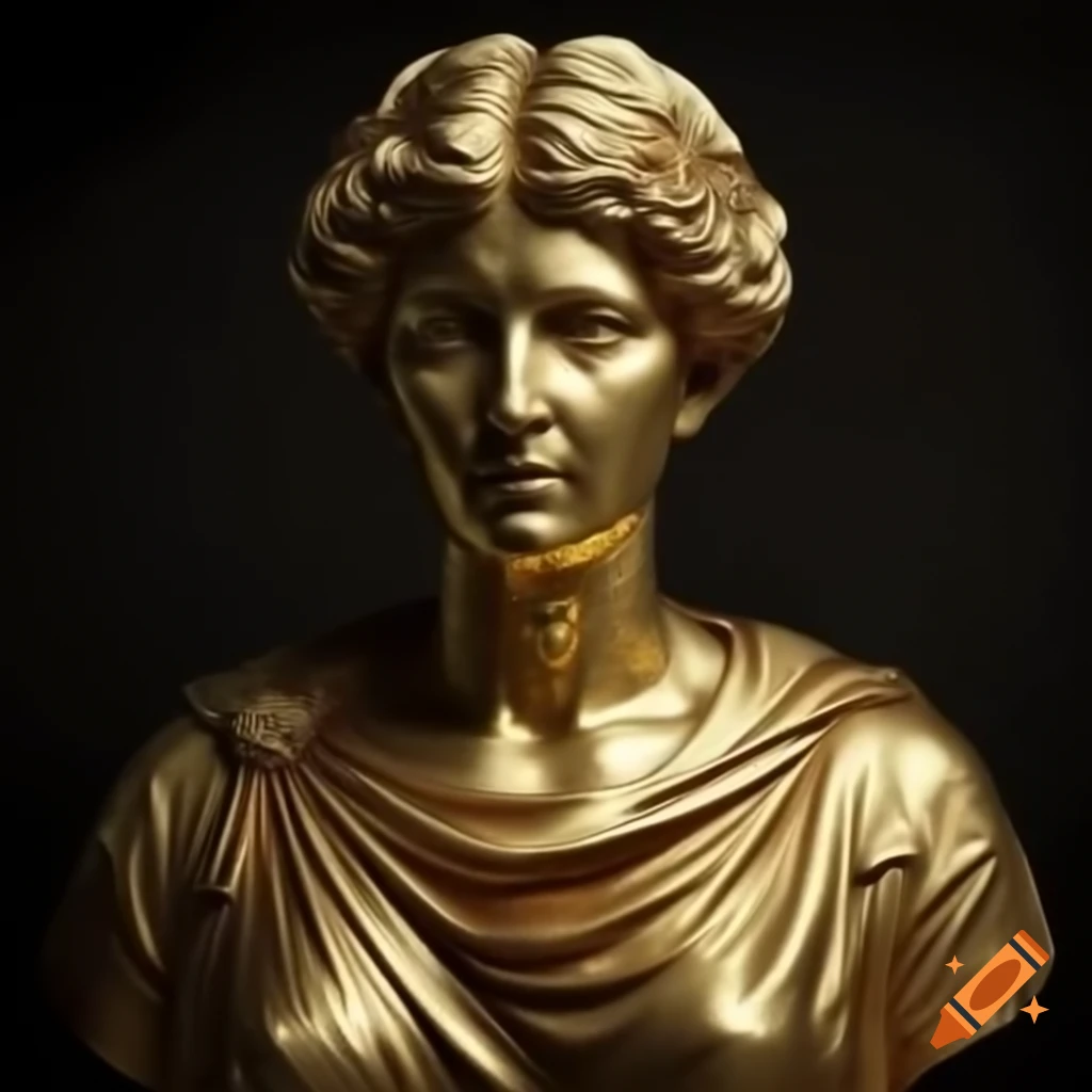 Gold sculpted female Stoic philosopher, full body view