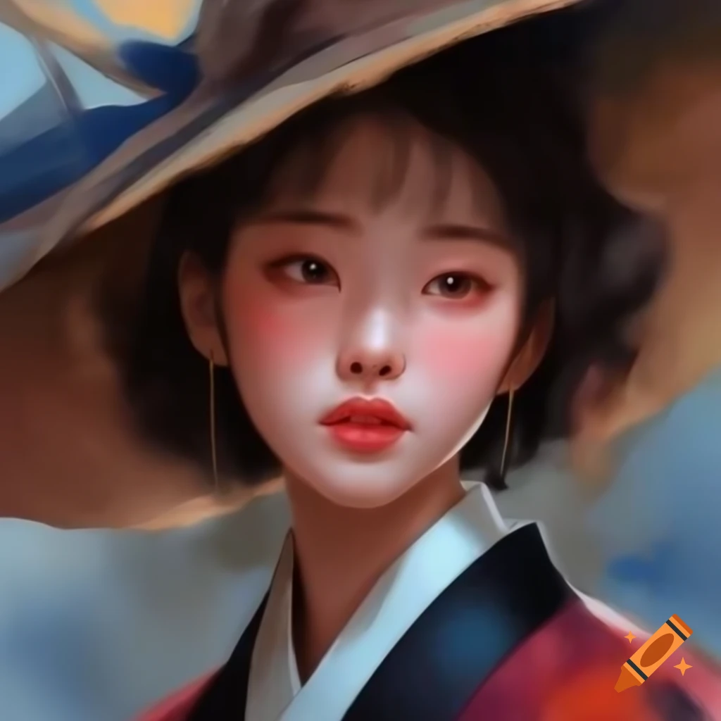 Detailed digital portrait of a charming Korean woman in watercolor style