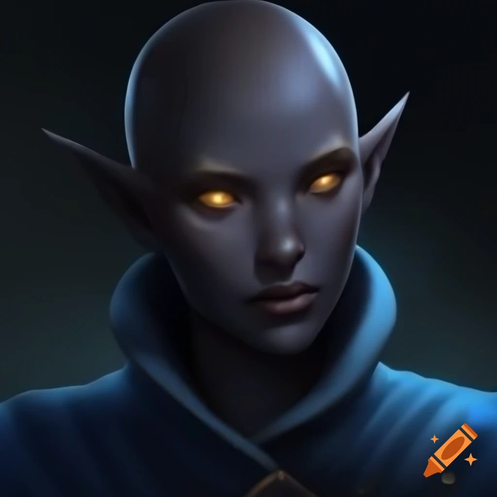 Serene female aasimar cleric with bald head and golden glowing eyes in light blue coat