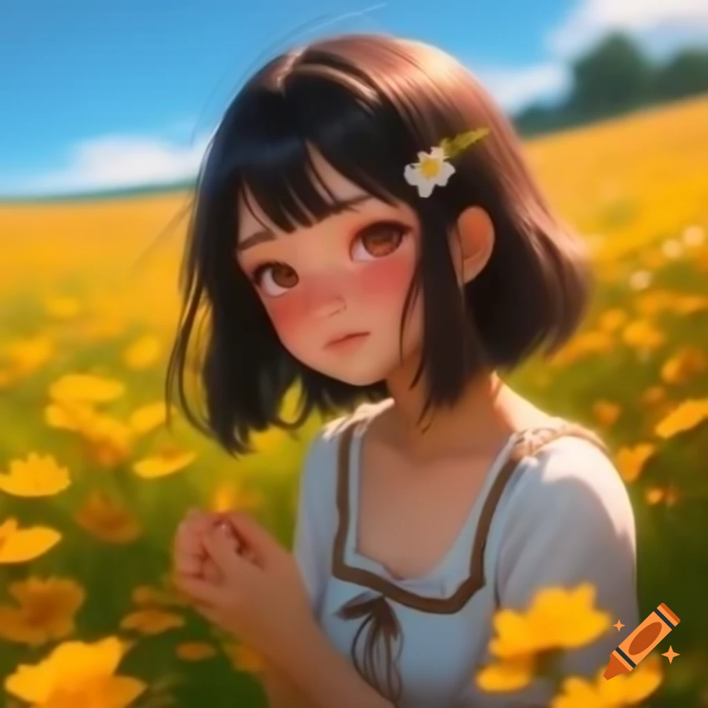 Anime woman standing in colorful field of flowers
