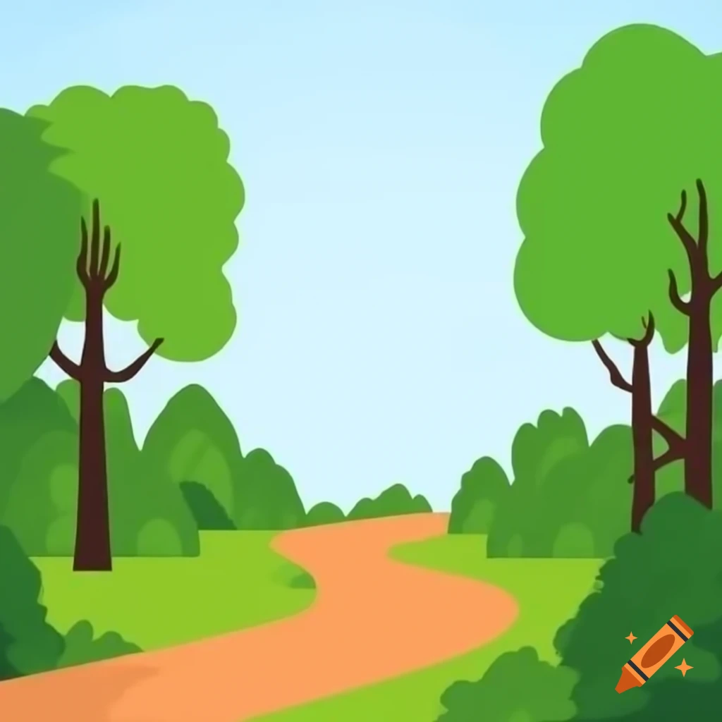 Flat art of peaceful forest path with large trees on either side