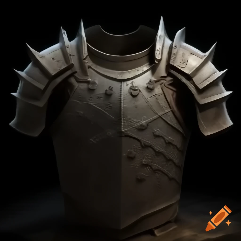 Worn battle-scarred chestplate made of darkened steel with glowing runes