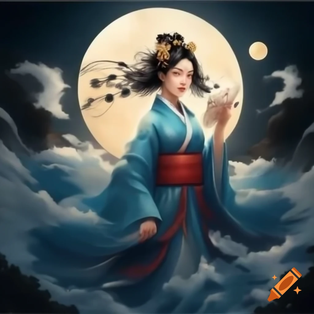 Lady in traditional Tang dynasty gown flying to the full moon with rabbit pet for Mid-autumn Festival