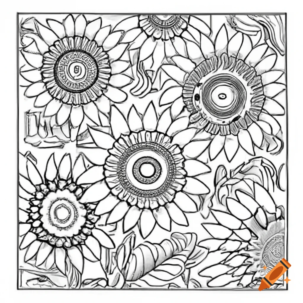 Detailed coloring book page featuring a vibrant field of sunflowers
