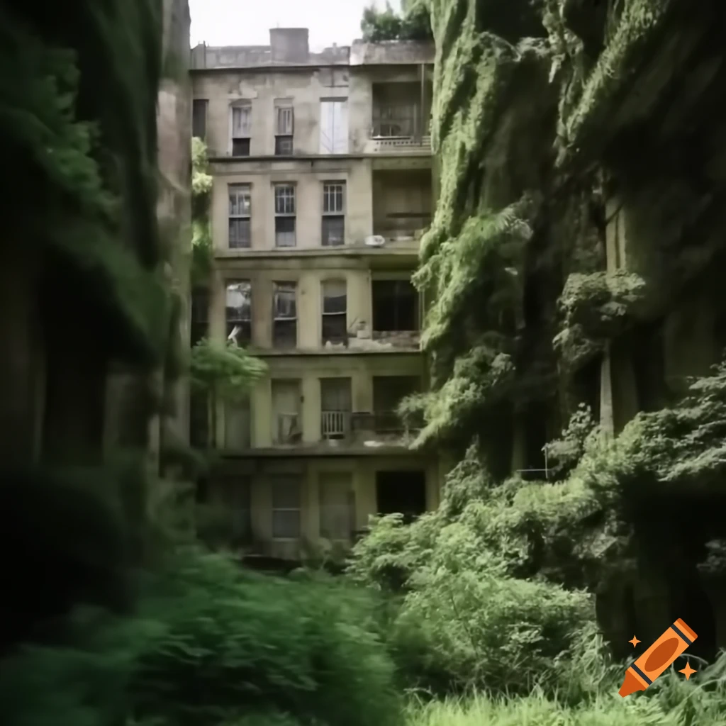 Nature overtaking urban landscape with overgrown foliage and worn concrete