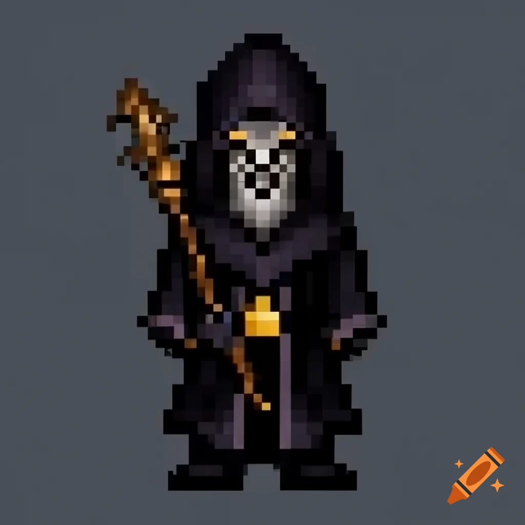 Pixel art mage in black robe holding gold wand on 32x32 canvas