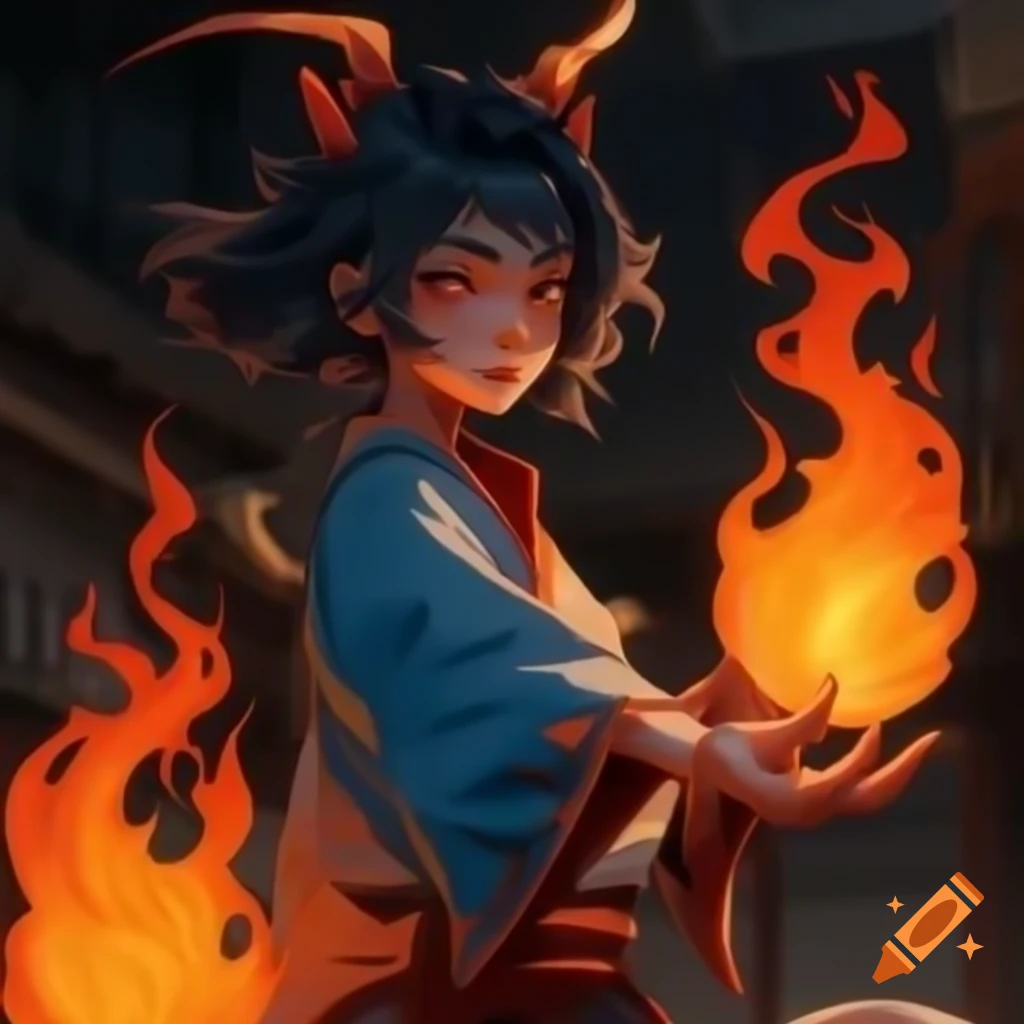 Anime human demon hybrid with flames in historical style, blue and orange colors