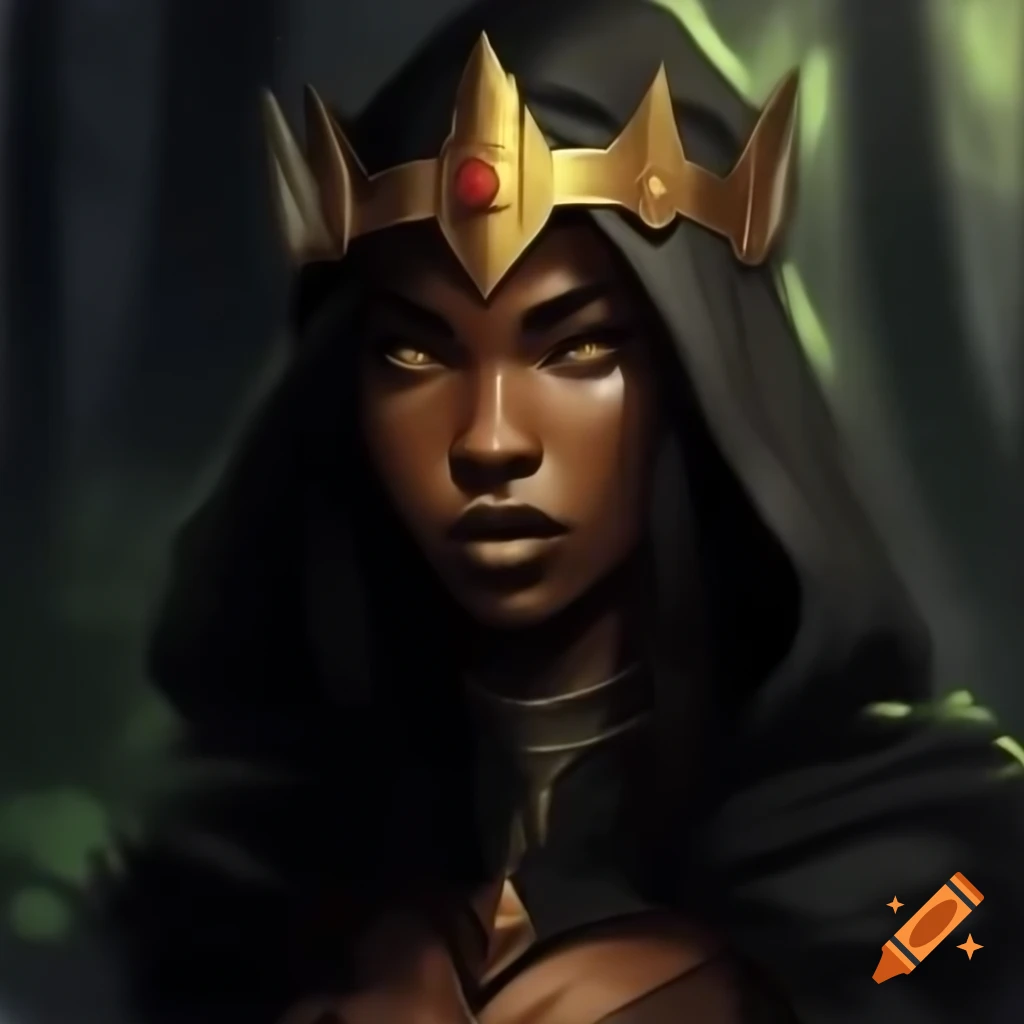 Medieval bandit queen in woods wearing golden crown