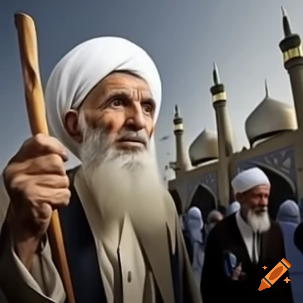 Old Islamic scholar with white turban preaching in front of mosque