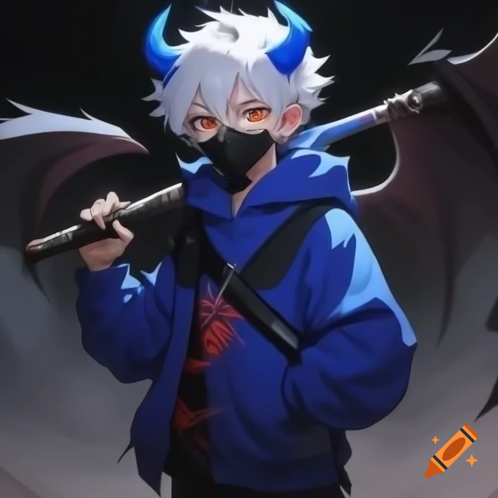 Anime boy in blue hoodie and black mask with white hair and blue horns holding an axe