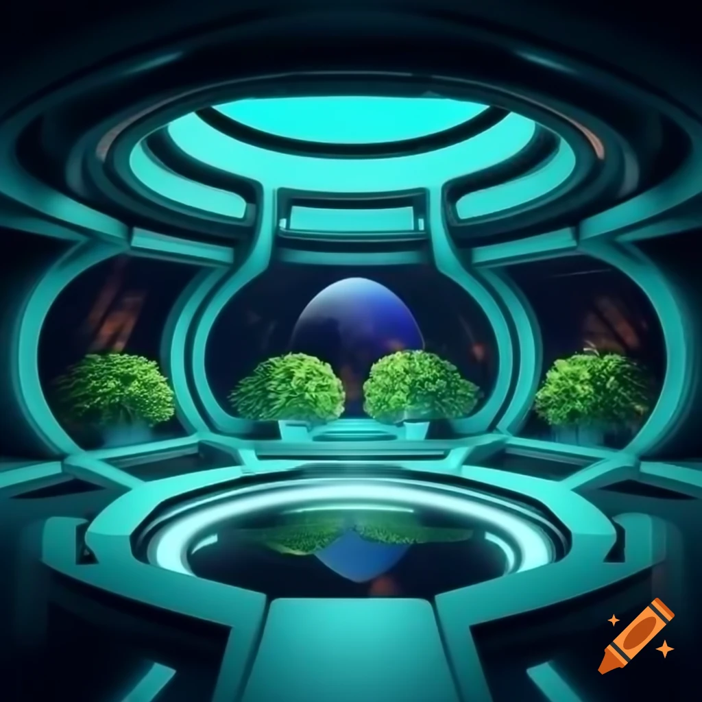 Futuristic moon base interior with sleek architecture and advanced technology