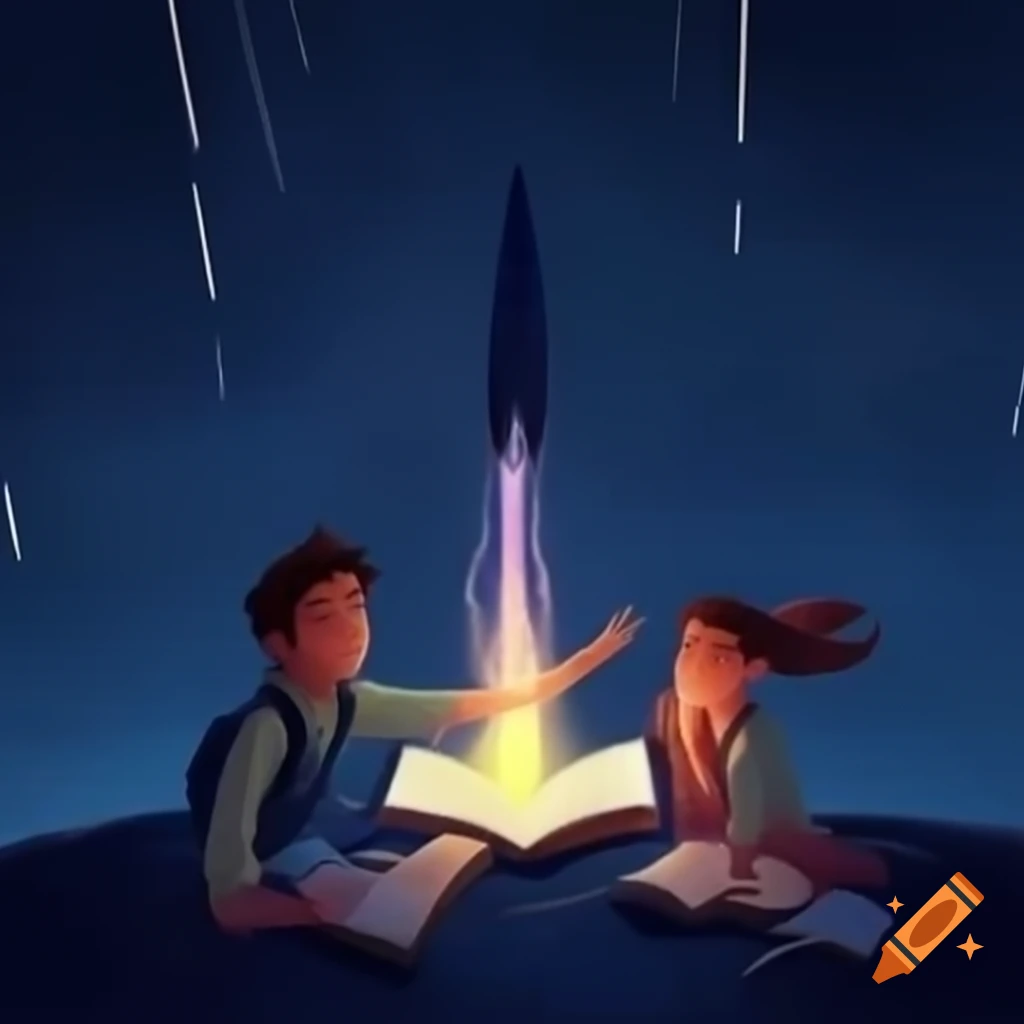 Students studying with textbooks and lamps under starry sky, rocket flying overhead