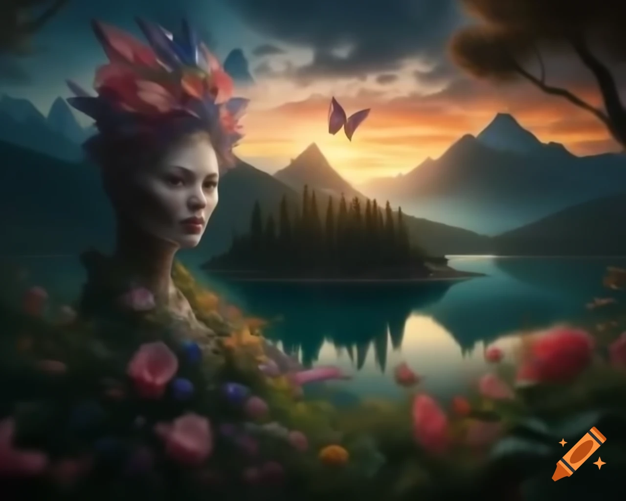 Surreal floral woman's face at mountain lake surrounded by old growth trees