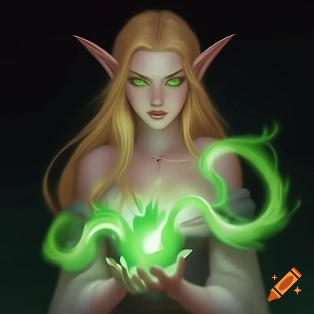 Elven woman with blonde hair using green necromantic magic