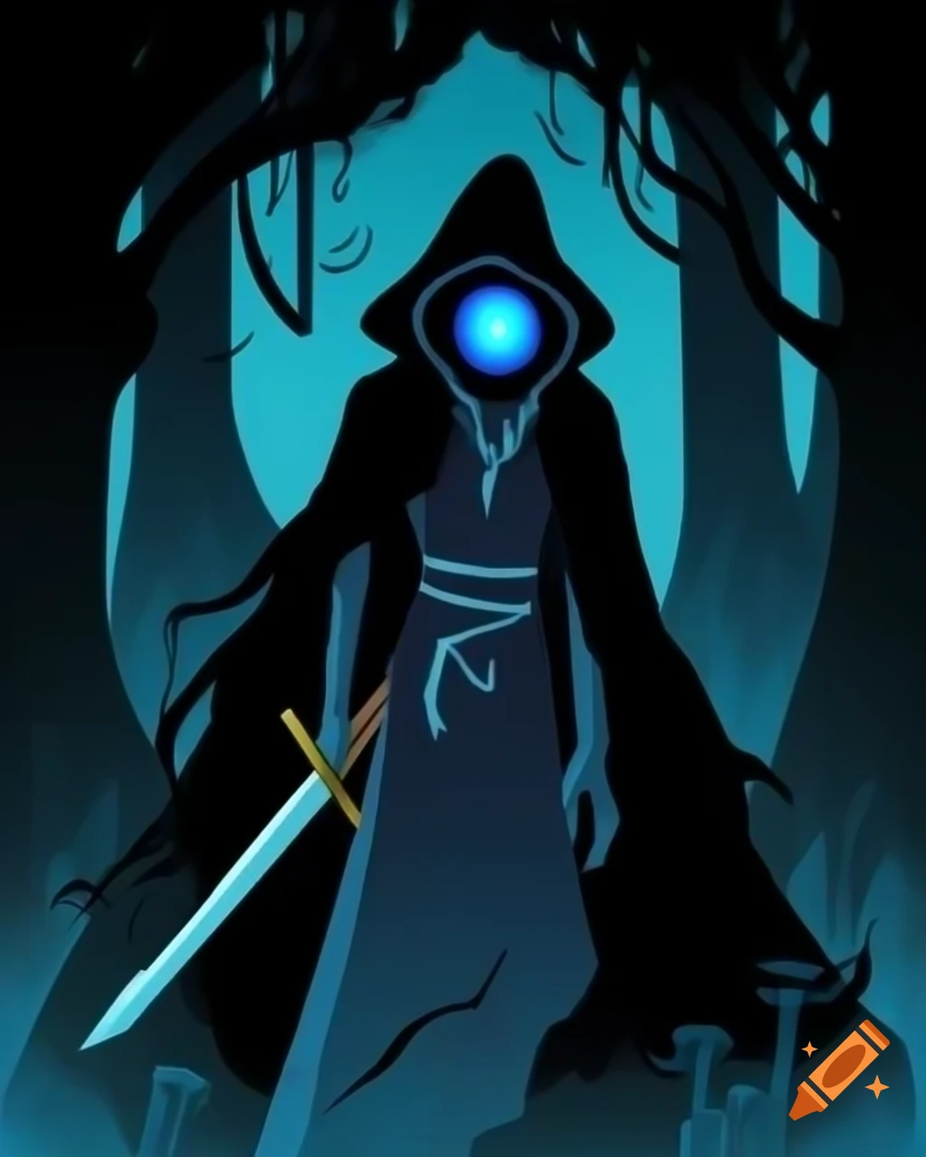 Cloaked cyclops warrior with glowing eye wielding sword in dark old ...