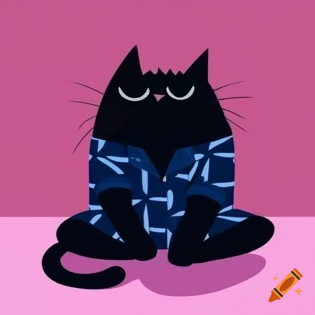 Cartoon art of black cat sitting in pajamas