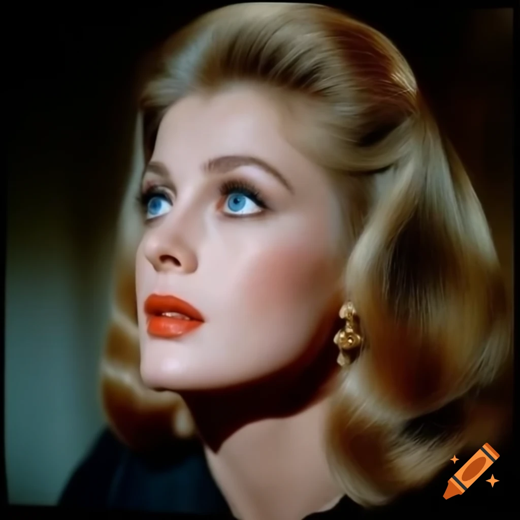 Hyper-realistic retro photo of beautiful European actress from 1963 with striking blue eyes and wavy blonde hair