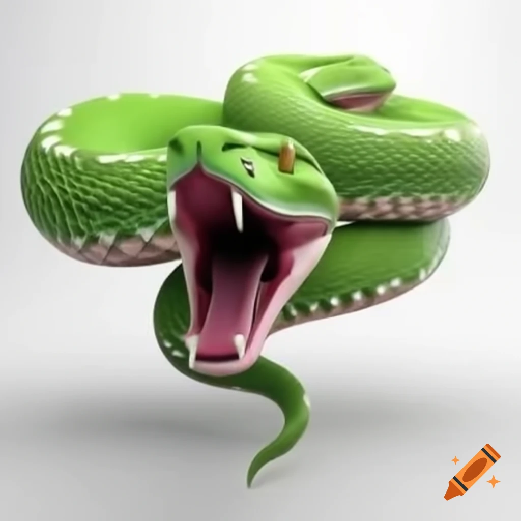 3D semi-realistic green python baring fangs on white background