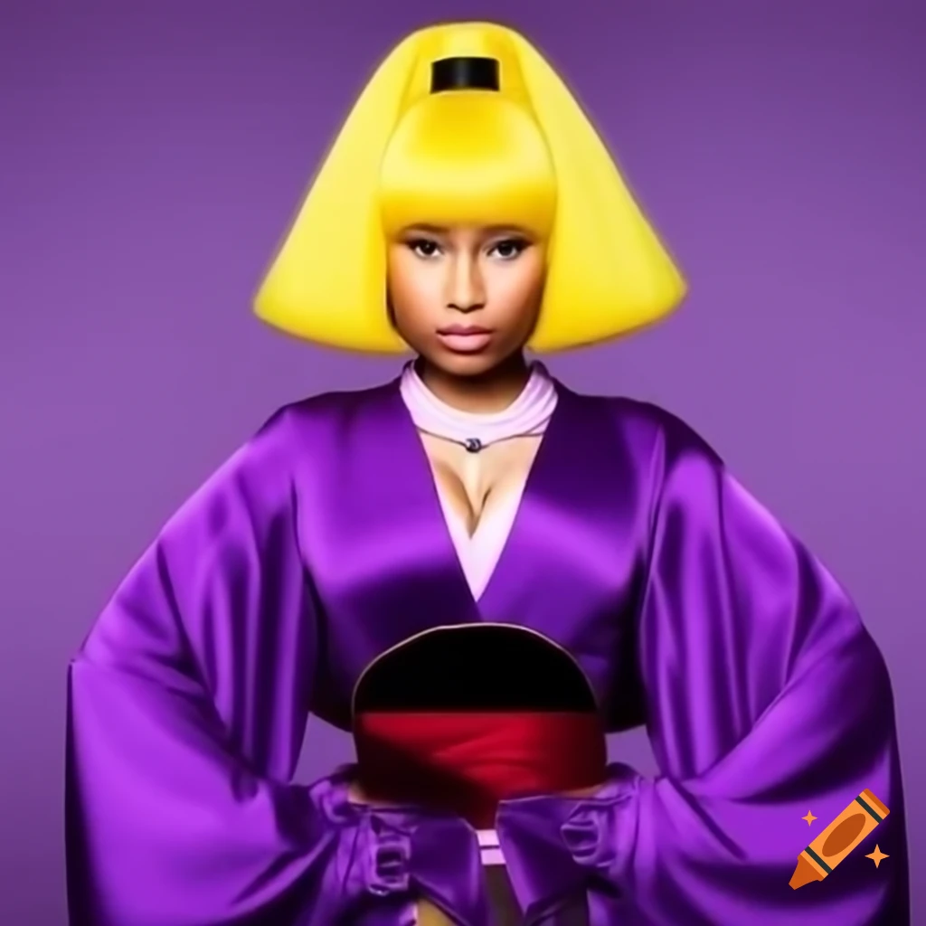 Nicki Minaj in purple Mulan costume with yellow bob hairstyle on Craiyon