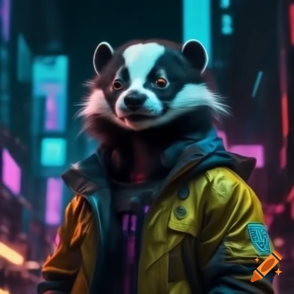Close-up of skunk in futuristic jacket with LED lights in neon city