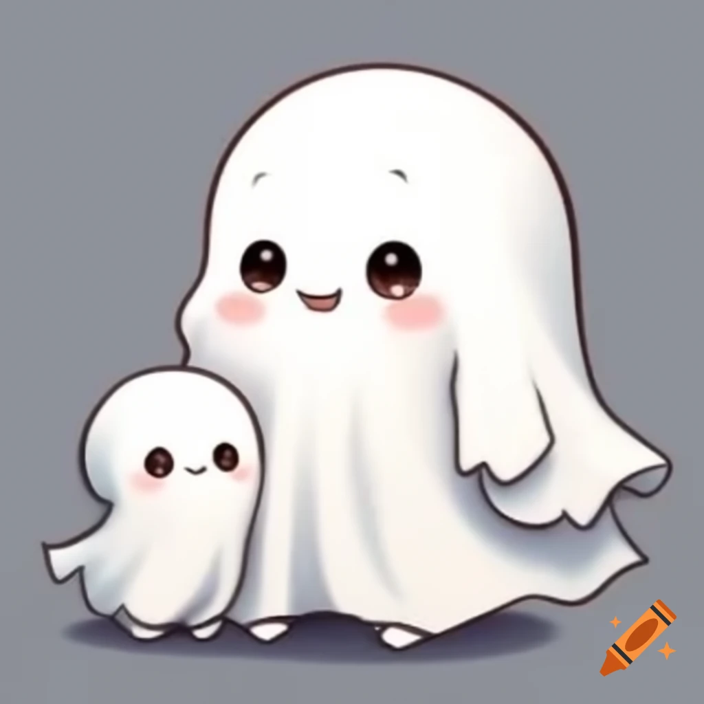Cute ghost with candy alongside its mom on plain grey background