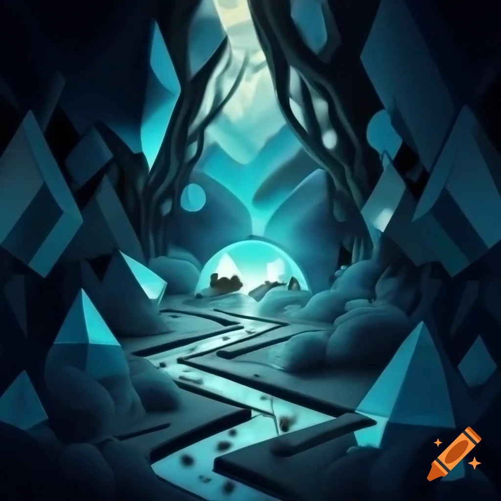 Abstract forest merging geometric shapes with flora and fauna