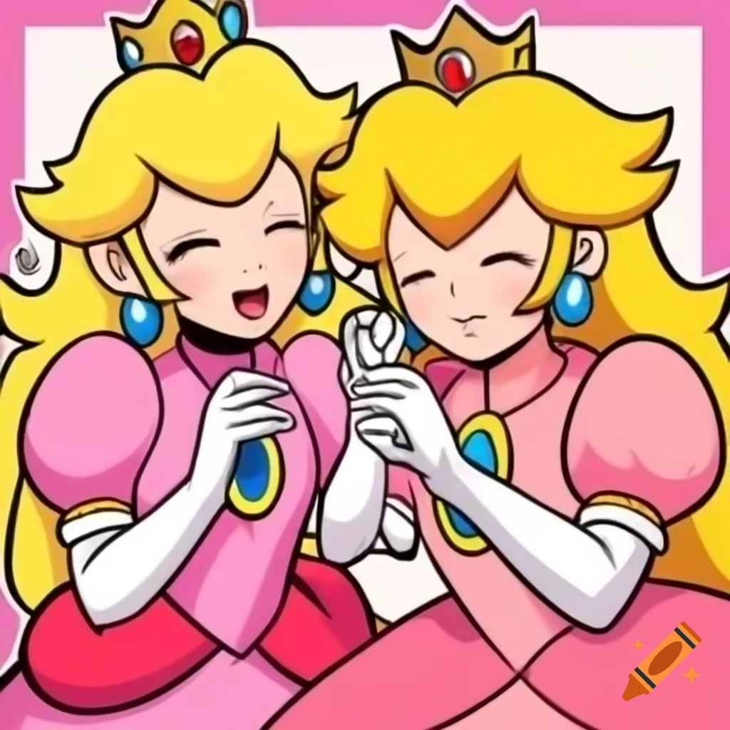 Princess Peach and Link in pink ballgowns, video game art style