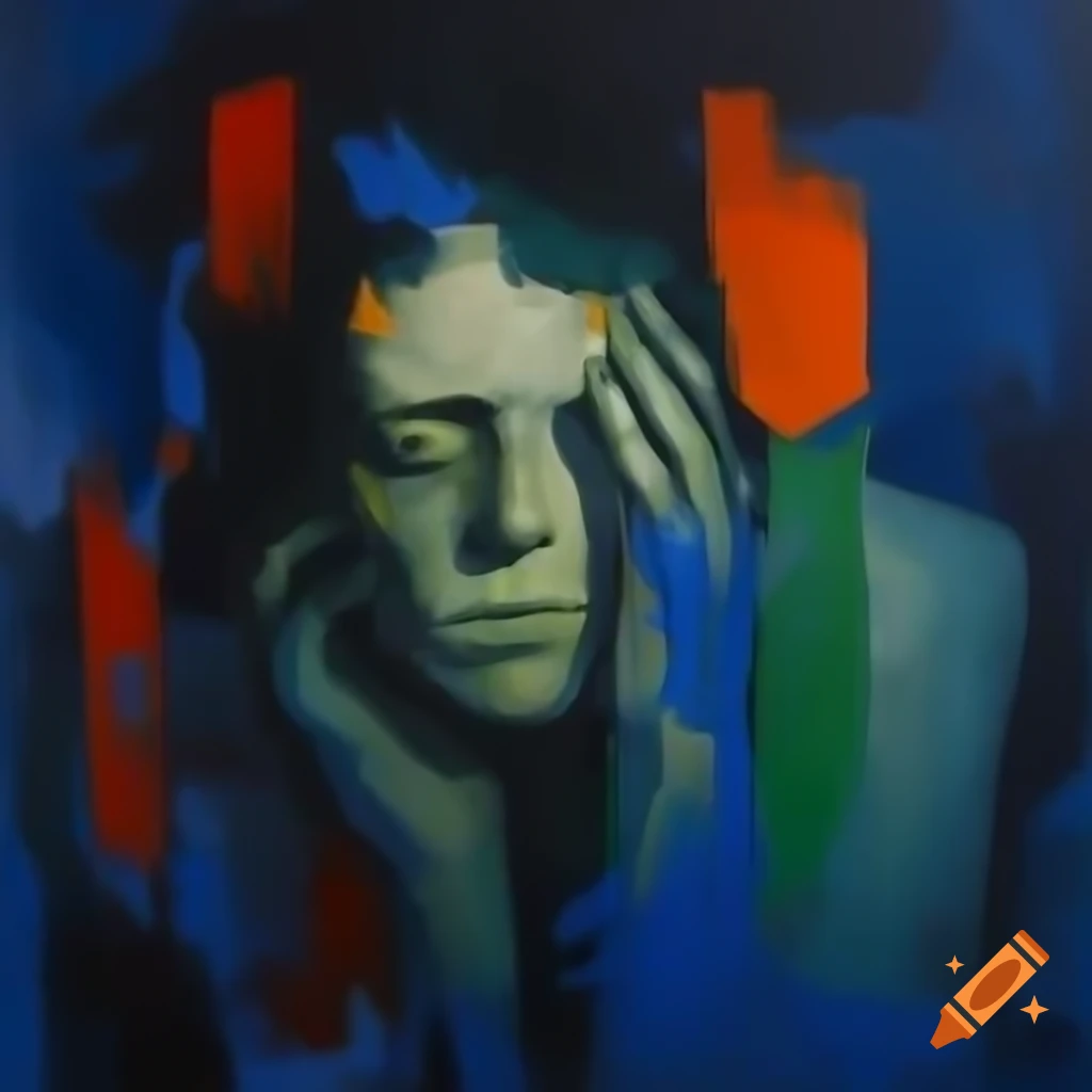 Abstract expressionist oil painting conveying claustrophobia with sharp lines and contrasting colors