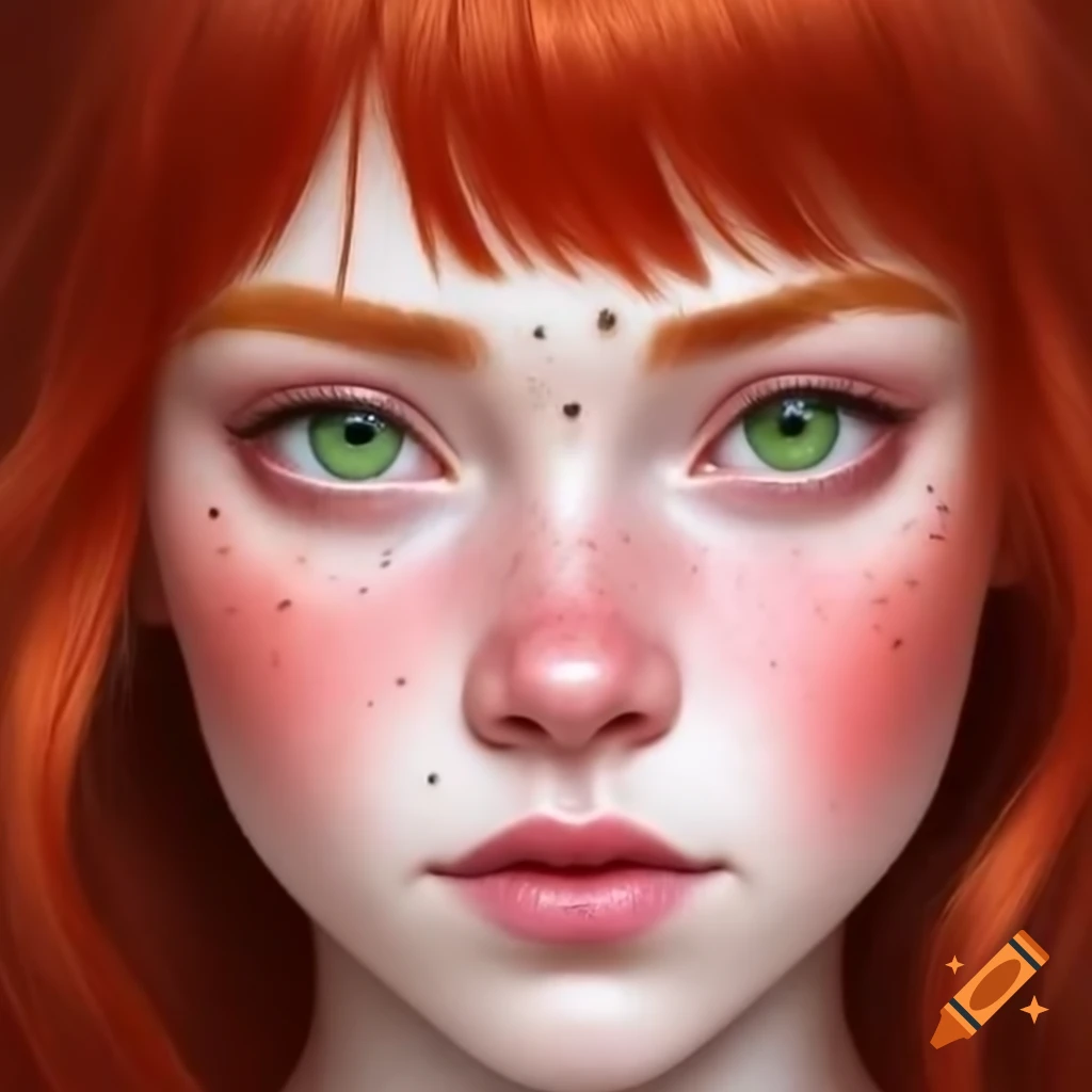Red-haired painteress with freckles and green eyes